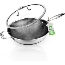 Nutrichef 12" Stainless Steel Wok - Induction ready, Non Stick Tri-ply technology, Scratch-resistant Honeycomb Fire Textured Pattern