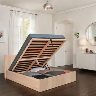 WEBER INDUSTRIES 035760 Bettgestell Madrid mit Kopfteil und Lattenrost, Holz, 140 x 190 cm, Holz, Chêne Blanchi, 140 x 190