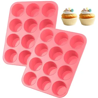 Muffinblech 12er, 2 Stücke Muffinform, Silikon Backform, Rosa, Groß - Geeignet für Kuchen, Muffins, Puddings (29 x 22 x 3cm)