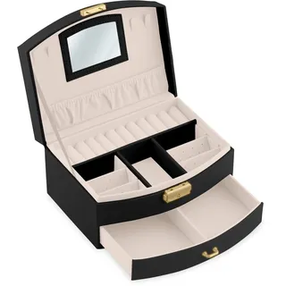 Massido Schmuckkästchen Schmuckschatulle mit Spiegel Schmuckaufbewahrung Organizer Tragbar 20,5 x 13,5 x 10,5 cm Schwarz