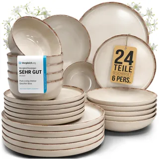 Steingut Geschirrset 6 Personen Rustic 24 tlg. TESTSIEGER, Hochwertiges Landhaussttil Steingut Geschirr Set, Schüssel- und Teller Set, Tafelservice 6 Personen, Geschirrsets Pure Living in Beige