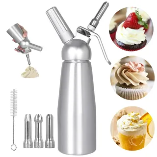 Qdreclod Edelstahl Sahnespender 500ML Sahnespender mit Patrone Schlagsahnebereiter mit 3 Edelstahl tüllen 1 Reinigungsbürsten Profi Sahnesyphon aus Aluminium