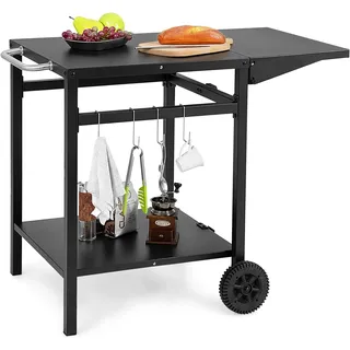 KOMFOTTEU Küchenwagen mit klappbaren Laminaten, 4 Extra Haken und 2 Rollen, Küchenregal aus Metall zum Grillen, Grillwagen, Servierwagen für Garten, 96,5 x 64 x 75,5 cm - Schwarz