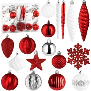 Brubaker 50 Stück Premium Christbaumschmuck - Weihnachtskugel Set mit Glitzer Kugeln, Schneeflocken, Eiszapfen und Tannenzapfen - Baumkugel Baumschmuck für Weihnachtsbaum - Rot und Weiß