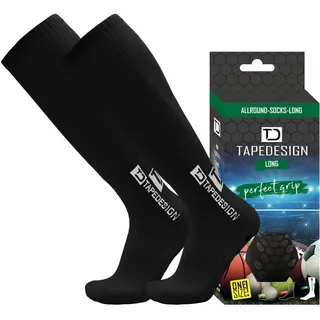 TAPEDESIGN "Long" 1 Paar Rutschfeste Fußball-Socken (Lang) mit gummierten Noppen Schwarz - Fussball-Socken & Stutzen mit Grip Damen & Herren - Anti-Rutsch Sportsocken, Stulpen & Strümpfe (One-Size)