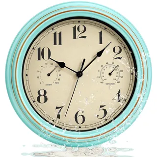 Lumuasky Wasserdicht Lautlos Wanduhr mit Thermometer und Hygrometer, 30cm Outdoor Retro Gartenuhr Wanduhr, Ohne Tickgeräusche Gartenuhr Wetterfest Outdoor für Badezimmer Garten Küche Verandas