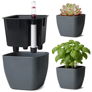 T4U 3Pcs 12,5cm Eckig Selbstbewässerungstopf mit Wasserstandsanzeige, Blumentopf für vielbeschäftigte Anfänger und Gärtner, geeignet für Basilikum/Petersilie, für den Innen und Außenbereich (Grau)