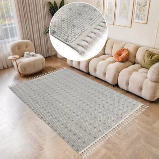 Bruno Banani Teppich »Dotty, In- und Outdoor geeignet« rechteckig 6 mm Höhe Woll-Optik, Hoch-Tief Struktur, mit Fransen, Balkon, Terrasse, beige