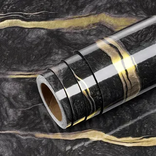 Livelynine Folie Arbeitsplatte Küche Marmor Schwarz Wasserfest 500CMx90CM Breit Arbeitsplatte Folie Küche Schwarz Gold Marmorfolie Küchenplatte Tapete für Wand Gold Badezimmer Tisch
