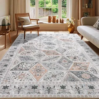Calinline Beige Großer Perserteppich Teppich Wohnzimmer, 140x200 cm | Vintage Kurzflor Waschbarer Teppich Orientalisch , Rutschfester Schlafzimmer Teppiche, Carpet für Esszimmer Büro Küche