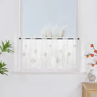 Yujiao Mao Weihnachtliche Scheibengardine mit Goldener Sternen-Stickerei Weihnachts Bistrogardine Festliche Fensterdeko für Küche Bad Tunnelzug Transparent Weiß H60xB120cm, 1 Stück