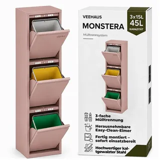 VEEHAUS Küchen Mülltrennsystem, Metall Müllschrank, 3 Klappfächer 3 x 15 L | Freistehend & vormontiert, 3 einzeln öffenbare Klappen, Magnetische Außenfläche, Herausnehmbare Eimer, 45L, Rosa
