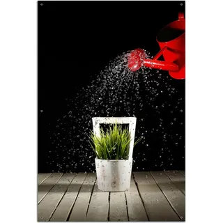 Wallario Outdoor-Poster für Garten oder Balkon, Motiv Grüne Pflanze mit roter Gießkanne, in ca. 61 x 91,50 cm - Schwarz