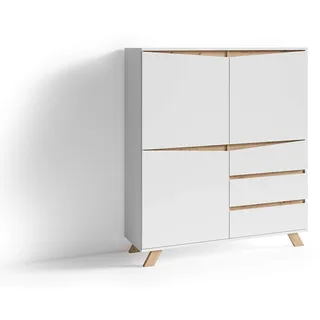 byLIVING Highboard Valentin/Sideboard matt weiß mit Absetzung in Eiche-Optik/Wohnzimmer-Schrank mit 3 Türen und 3 Schubkästen/Im Scandi-Style/Grifflos/B 120, H 137, T 38 cm