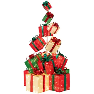 Fantask 15er Set LED Geschenkboxen, Stapelbare & verteilbare Weihnacht Dekoboxen, große beleuchtete Weihnachtenbox mit 450 warmweißen Lichtern, Metallsockel, 170 cm Weihnachtsdeko für außen und innen