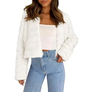 Allegra K Damen Winter Warm Cropped Jacke Kragenlos Kunstpelz Flauschiger Mantel, Weiß, Medium
