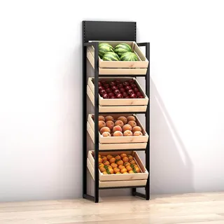 Supermarkt Obst & Gemüse Regal 4 Ebene, große Kapazität Einzelhandel Snack Rack Anzeige mit Holzkörben, Küche Zwiebel Kartoffelproduzieren Halter Stand,4 Tier-Black rack+wooden box