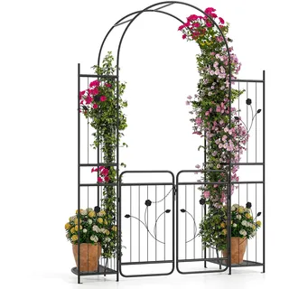 FANTASK Gartenbogen mit Tür, 163 x 50 x 220cm, Rosenbogen Metall mit Spalier & 2 Ablagen, Rankbogen stabil inkl. Erdspieße, Rankhilfe Rankgitter für Hochzeit, Partys