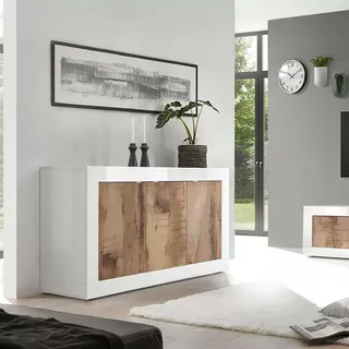 Dmora - Kommode Osiglia, Wohnzimmerbuffet, Wohnzimmer-Sideboard, Moderne Küchen-Speisekammer, Made in Italy, 160x43 h86 cm, Weiß und Akazie