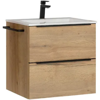 Nobilia Waschtischkombi , Schwarz, Eichefarben , Metall , 2 Schubladen , 61 cm , Blauer Engel, Pefc, Goldenes M, Made in Germany, Tcsa, Carb2, DGM-Emissionslabel , Zusatzausstattung erhältlich, hängend , Badezimmer, Waschbecken & Armaturen, Waschtische