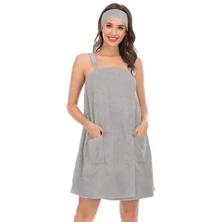Jamron Damen Verstellbarer Handtuch Wickel Bademantel mit Stirnband für Sport, Dusche, Spa & Strand Cover Ups Grau L