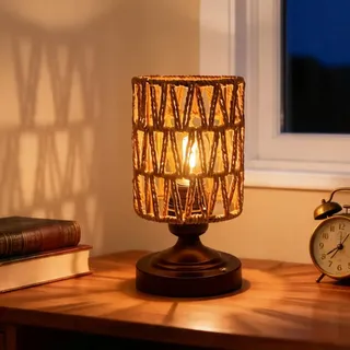 WRQIOO Nachttischlampe Boho, 23cm Tischlampe Rattan Boho Kabellos, Tischleuchte Rattan Vintage mit USB-C Ladekabel & Touch Dimmbar für Wohnzimmer Schlafzimmer, 1W LED-Leuchtmittel