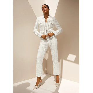 Jackenblazer MADELEINE "Blazer Jerseyblazer mit Steppstruktur", Damen, Gr. 48, weiß (wollweiß), Obermaterial: 70% Polyester PES. 27% Viskose CV. 3% Elasthan EL., Modern, tailliert, Blazer Jackenblazer, hochwertige Jersey-Jaquard