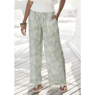 Palazzohose LASCANA "mit luftig-weitem Bein", Damen, Gr. 44, N-Gr, grün (schilfgrün, creme bedruckt), Crêpe, Obermaterial: 100% Viskose, bedruckt, figurumspielend lang, Hosen Palazzohose, aus gekreppter Viskose mit breitem Smokbündchen, luftige Sommerhose, Topseller