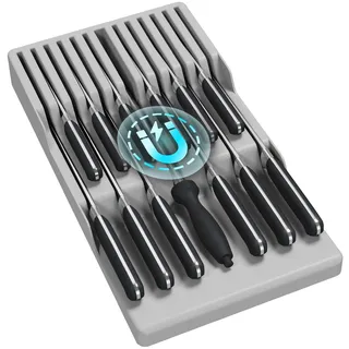 Lifewit Magnetischer Messerhalter Schublade für 12 Messer, Messer Organizer mit Rutschfestem Boden, Messerblock leer aus Kunststoff, Messereinsatz Schubladeneinsatz, 42 x 23 x 5 CM, Grau