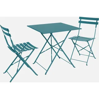 sweeek - Klappbarer Bistro-Gartentisch aus Stahl 70 x 70 cm, mit 2 Stühlen - Wasserblau - Blau