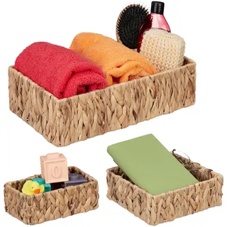 Relaxdays Aufbewahrungskorb Wasserhyazinthe, 3er Set, Körbchen in 3 Größen, Badezimmer Aufbewahrung, Flechtkörbe, Natur