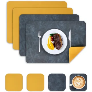 Wanfolle Tischsets Abwaschbar und Untersetzer 4er Set, Tischsets Leder Platzset Abwischbar Doppelseitigen Hitzebeständig Wasserdicht rutschfest Platzdeckchen Lederoptik (Blau Gelb)