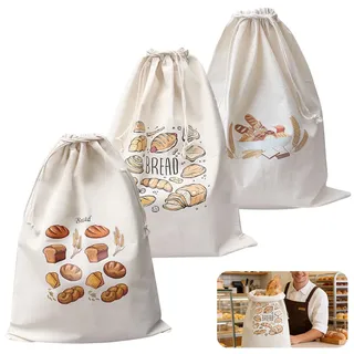 Wiederverwendbare Brotbeutel Leinen 3er Set – Atmungsaktiver Brotsack mit Siebdruck Design – Leinen-Brotbeutel für Baguette & Brötchen – Brotbeutel Aufbewahrung Frischhalten & Brottüten Alternative
