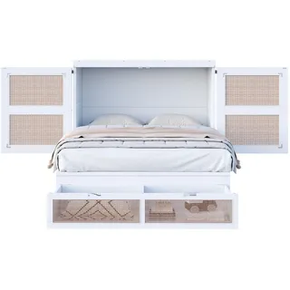 Modfu Schrankbett aus Kiefer, Sperrholz und MDF 140x200 cm Weiß mit Lattenrost, Schubladen und Rattan-Design , Holzwerkstoff , 140x200 cm , Schlafzimmer, Betten