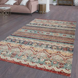 TT Home In-& Outdoor Teppich Küchenteppich Terrasse Vintage Ethno Design Rot Blau Beige Größe 80x150 cm - Rot