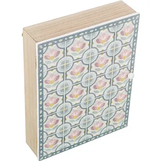 DRW Schlüsselkasten aus Holz mit Fliesen Blumen in Natur und Blau, 20 x 5,5 x 26 cm