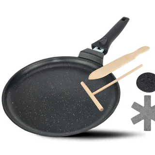 DIVORY Crêpe-Pfanne 28 cm – Antihaft, abnehmbarer Griff – Für alle Herdarten geeignet, Induktion – Crêpes, Pfannkuchen & Palatschinken, inkl. Teigverteiler & Holzschaufel – Frei von PFOA & PFOS