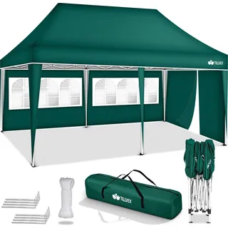 tillvex Pavillon 3x6m - mit 3 Seitenwänden Grün wasserdicht | Pop-Up Faltpavillon höhenverstellbar | Gartenzelt UV Schutz 50+ | Partyzelt mit Tasche für Garten - Grün