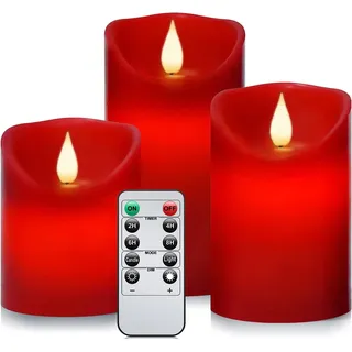 Tappovaly LED-Kerzen, flammenlose batteriebetriebene Kerzen. Blinkende Kerze mit Fernbedienung und Timer. Set von 3 echtes Wachs, verwendet für Wohndekoration und Feiertagsfeiern (3PACK, rot)
