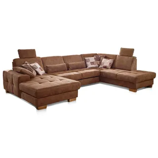 CAVADORE Wohnlandschaft Puccino mit Federkern, Sitztiefenverstellung und 2 Kopfstützen / Sofa in U-Form im Landhausstil / 340 x 86 x 224 cm / Mikrofaser hellbraun