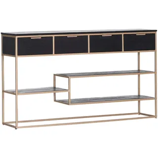 Lomoco Konsolentisch , Schwarz , Metall , Akazie , massiv , 4 Schubladen , rechteckig , eckig, Flachrohr , 33x80x141 cm , Stauraum, offenes Fach , Holzmöbel, Holztische, Wohnzimmertische Holz, Konsolentische Holz