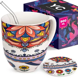 YC YANG CHAI Kaffeetasse groß 900ml - XXL Jumbotasse aus Knochenporzellan - Stilvolles Geschenkset mit edlem Zubehör - Vielseitige XXL Tasse für Tee, Kaffee, Kakao, Cappuccino, Müsli - YC Tranquility