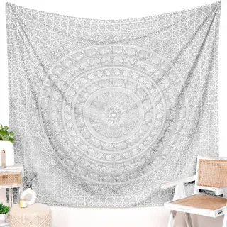 RAJRANG Mandala-Wandteppich, Wandbehang, King-Size-Größe 230 x 274 cm, für Schlafzimmer und Wohnzimmer, Dekoration, Boho-Stil, Bohemian-Stil, Wandbehang, Baumwoll-Wandteppiche, Silber