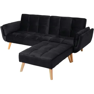 Mendler Schlafsofa HWC-K18 mit Ottomane, Couch Sofa Gästebett, Schlaffunktion 218x175cm - Samt schwarz