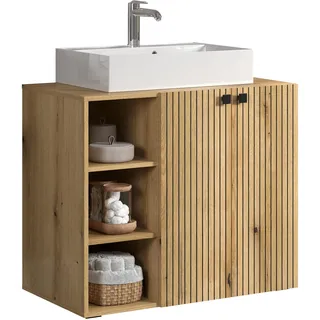 trendteam smart living - PureBliss - Waschbeckenunterschrank - Evoke Eiche - Rillenoptik - 3 offene Fächer + 1 Einlegeboden + 60cm Aufsatzwaschbecken - (BxHxT) 90 x 91 x 53cm - Metallgriffe