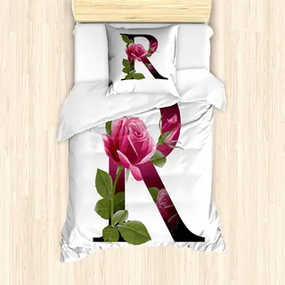 ABAKUHAUS Buchstabe R Mantele, Blume der Liebe Rose R, Milbensicher Allergiker geeignet mit Kissenbezügen, 135 cm x 200 cm - 80 x 80 cm, Rosa-Grün-Weiß - Rosa