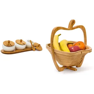 Relaxdays Gewürzhalter JIAO aus Keramik und Bambus, 8,5 x 30,5 x 12 cm Gewürzdosen mit Deckel und Halter, natur & Faltkorb Apfel, 30 x 27 x 22,5 cm Klappkorb aus Bambus, natürlich braun