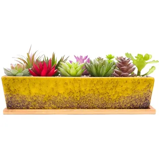 ARTKETTY Keramik-Sukkulenten-Blumentöpfe, 30 cm, modern, lang, rechteckig, Blumenbehälter mit Tablett, Flacher Kaktus-Bonsai-Fensterkasten mit Drainage, für Innen- und Außenbereich, Heimdekoration