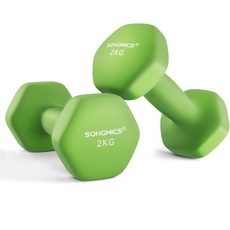 SONGMICS Hanteln, 2er Set, 2 x 2 kg, Hantelset, Kurzhanteln, Hexagon, Neopren-Beschichtung, Krafttraining, Workout, Fitnesstraining, für Zuhause, limonengrün SYL904C01