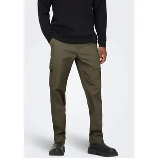 Cargohose ONLY & SONS "ONSEDGE-ED CARGO LOOSE PANT", Herren, Gr. 30, Länge 32, grün (olive night), Web, Obermaterial: 98% Baumwolle, 2% Elasthan, unifarben, loose fit normal, Hosen Cargohose